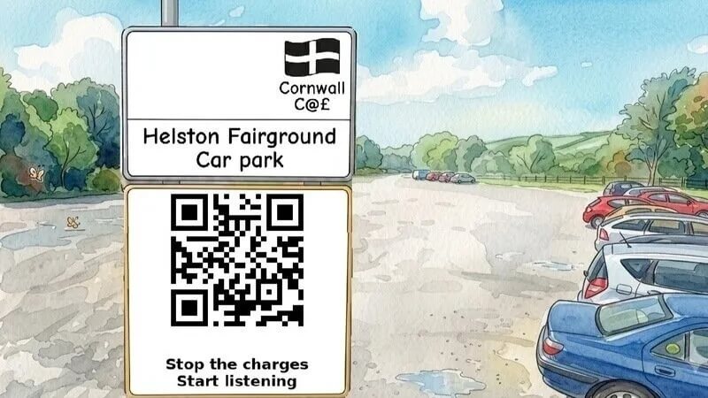 Helston Fairground Car Park sign with QR code for the parking charges petition