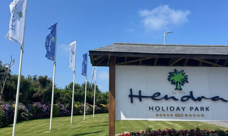 Hendra Holiday Park entrance sign near Newquay