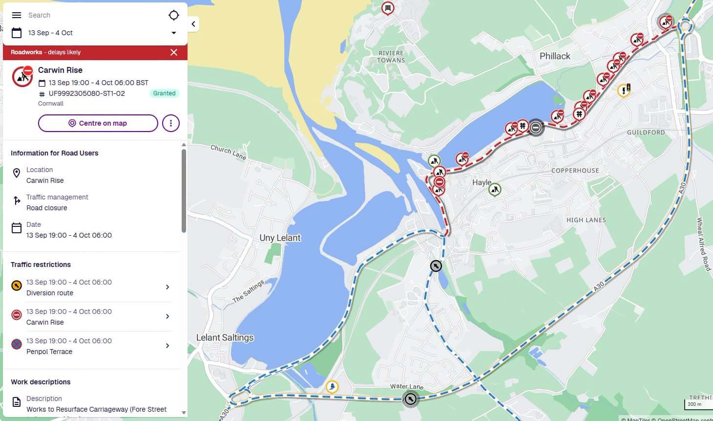 Map showing the overnight road closure through Hayle town centre