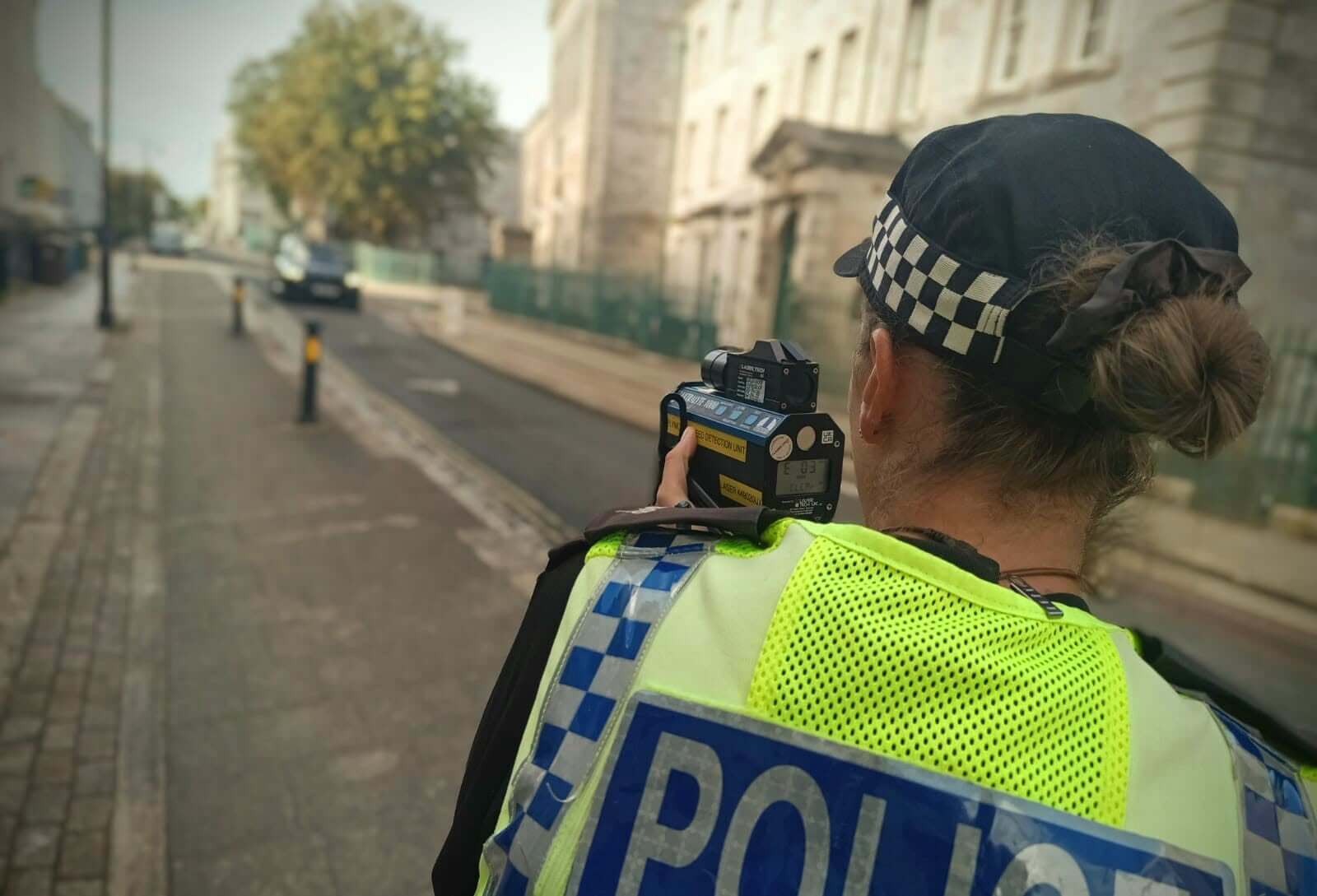 Devon and Cornwall Police officer using a speed detection unit during Operation Hyssop