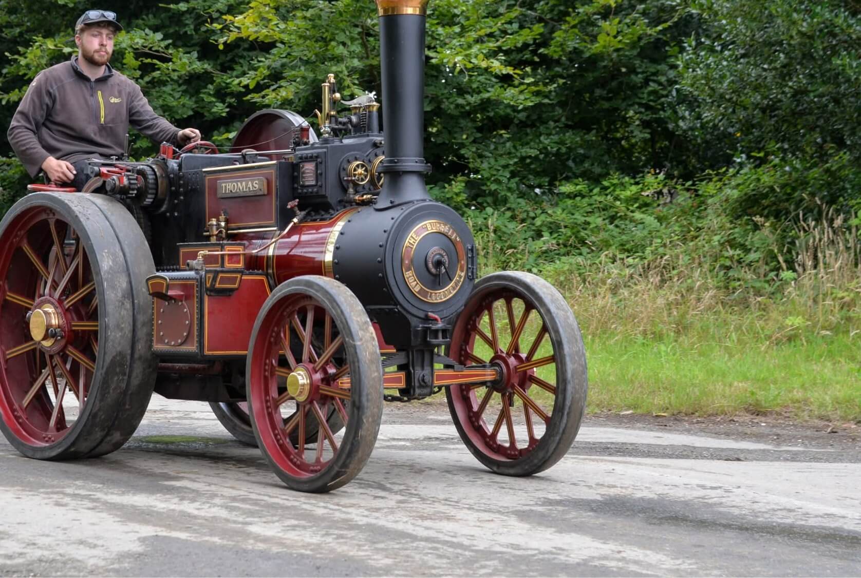 A miniature steam road locomotive in steam near Lostwithiel