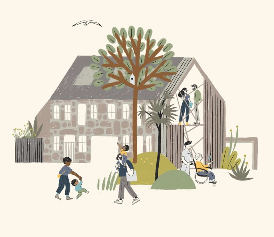 Illustration of the Gardeners' House in Morrab Gardens, Penzance, with people, a tree and a bird box