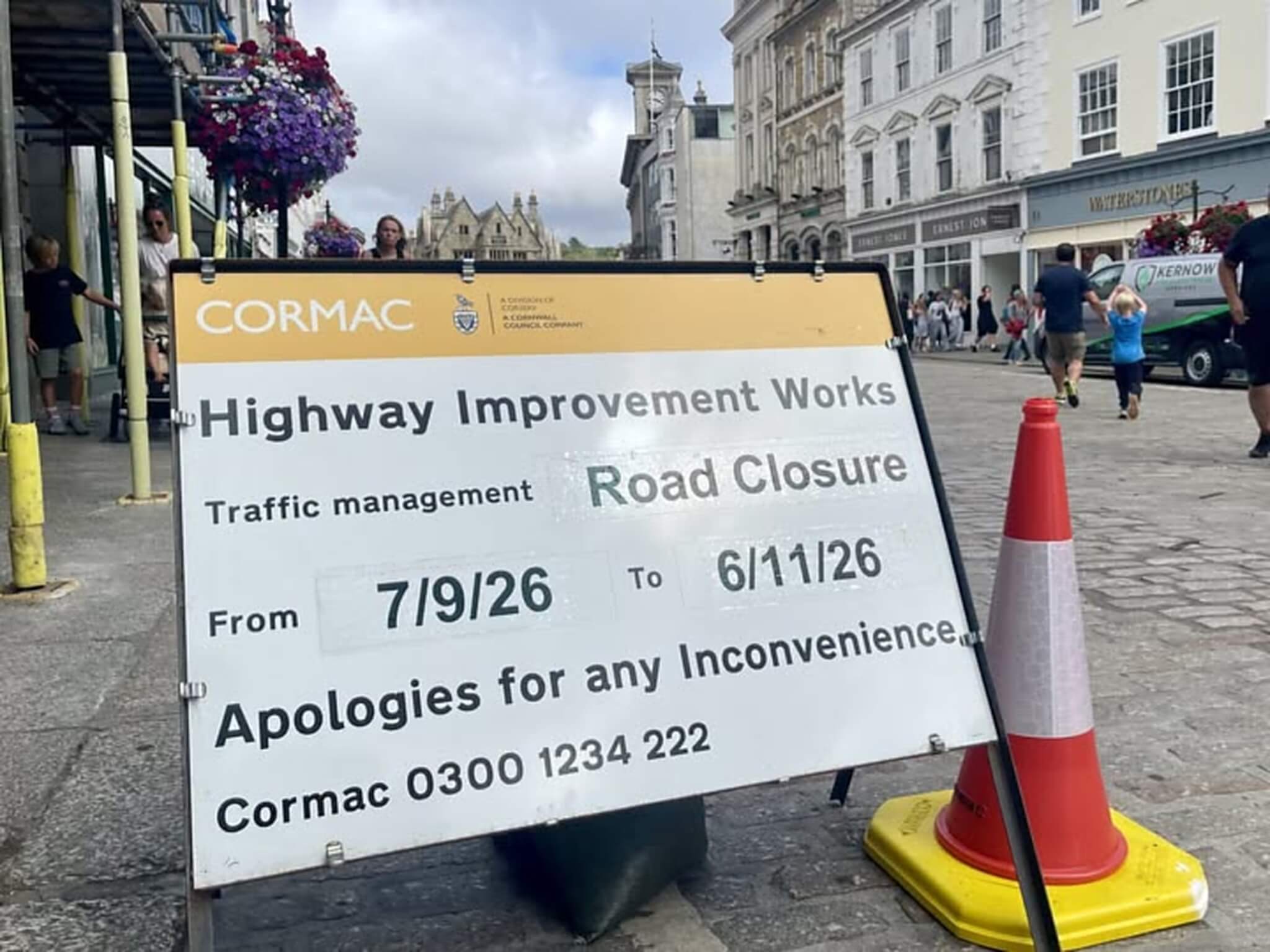 Cormac highway improvement works sign in Boscawen Street, Truro