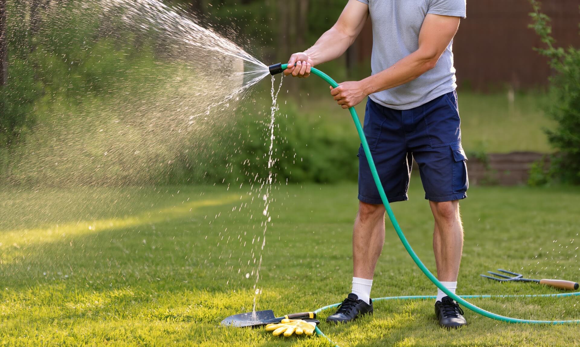 A man watering a garden lawn with a green hosepipe in summer