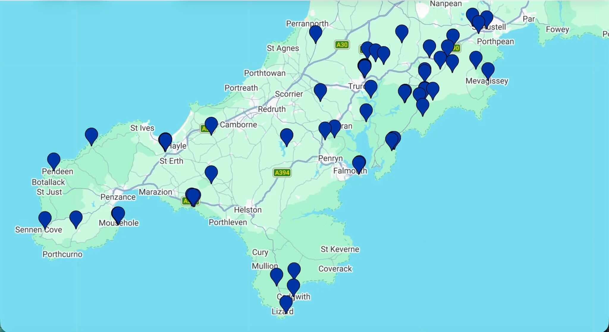 Survey map of west Cornwall from Penzance and St Ives to Falmouth and the Lizard, with blue pins showing House Martin nest records