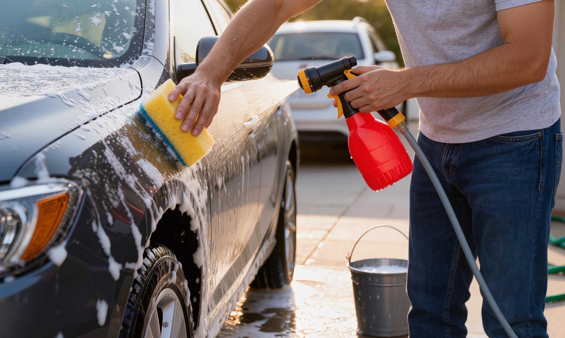 A man washing a car with a sponge and spray bottle at a car wash