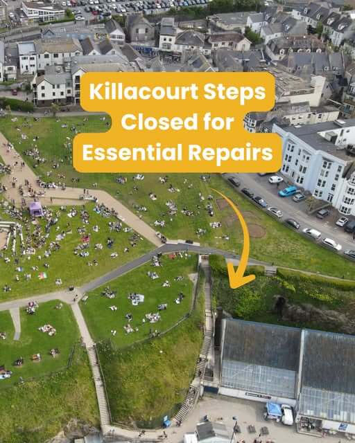 Aerial view of Killacourt green in Newquay with the steps down to Blue Reef Aquarium marked as closed