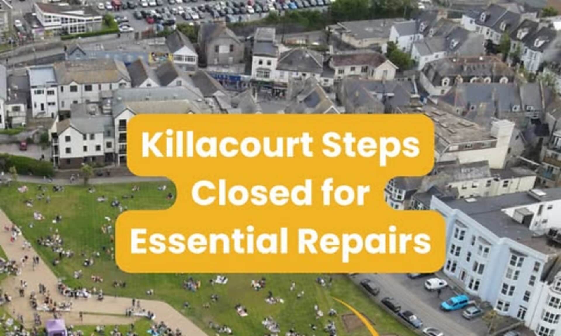 Aerial view of Killacourt green in Newquay with the steps down to Blue Reef Aquarium marked as closed