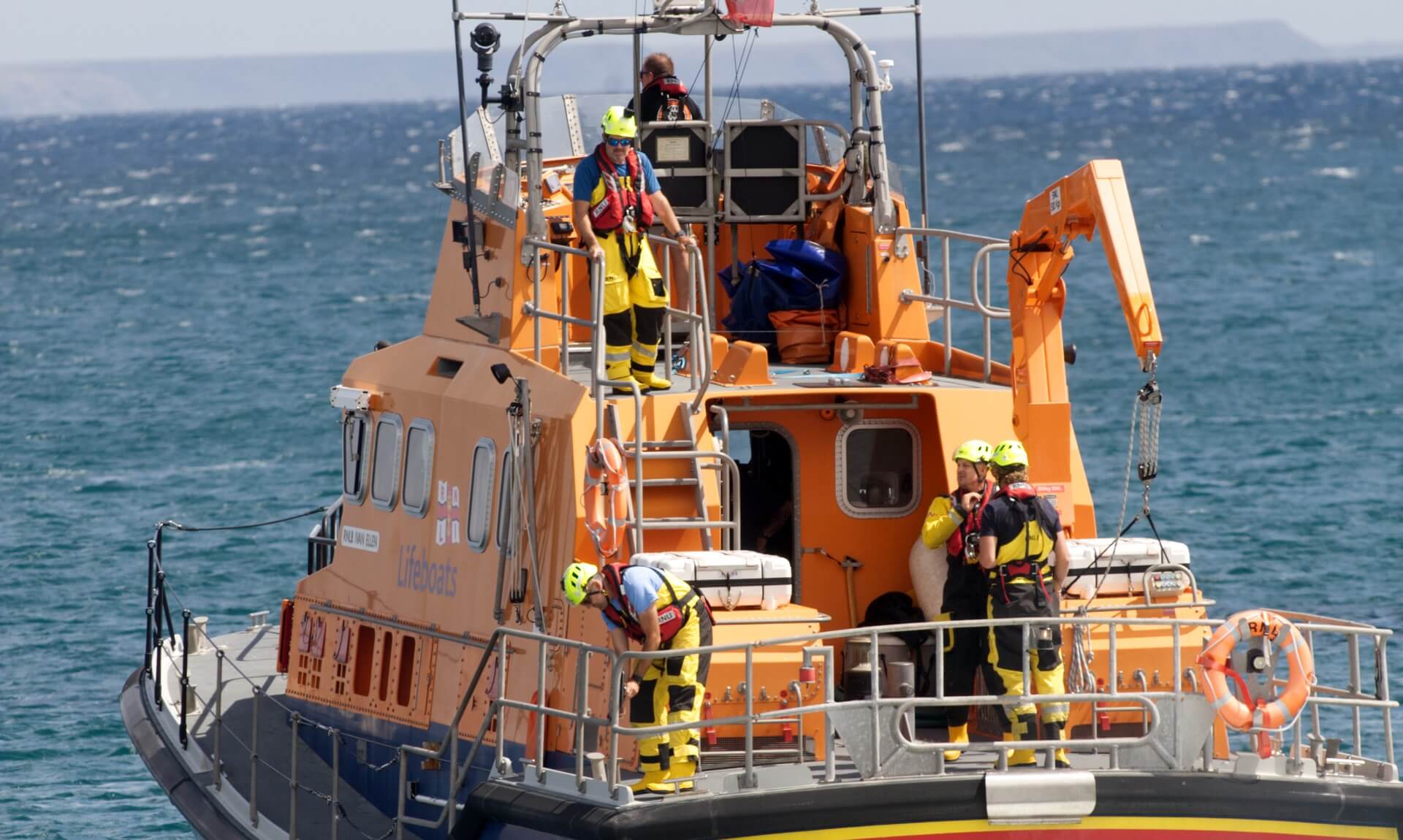 Penlee RNLI's Severn class all-weather lifeboat Ivan Ellen at sea with crew on deck