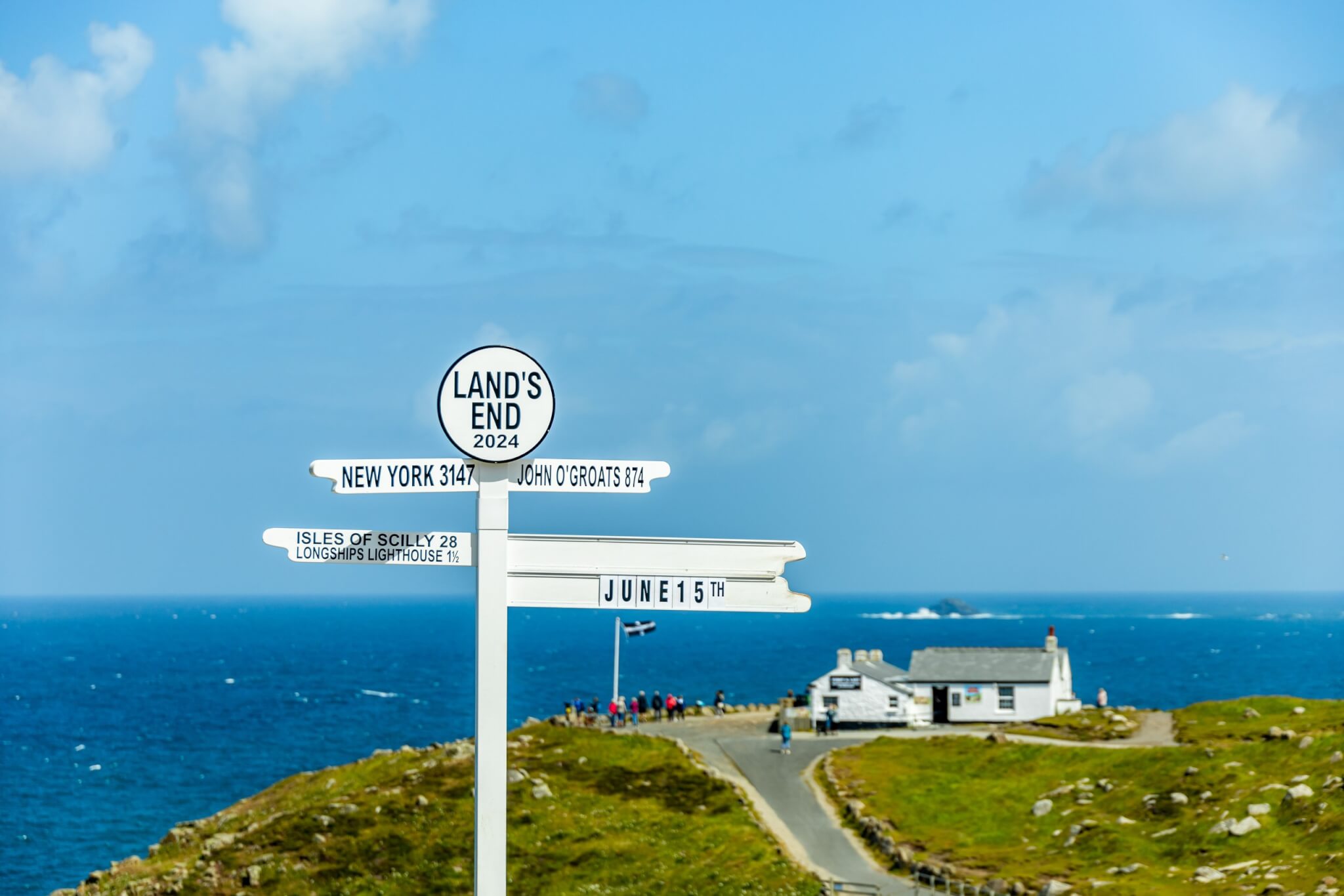 The Land's End signpost above the cliffs and sea
