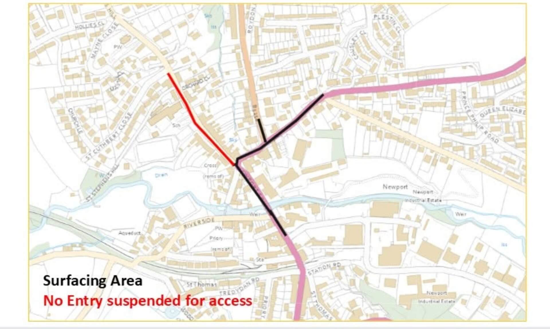 Map of the A388 Newport Square resurfacing area in Launceston with diversion routes marked