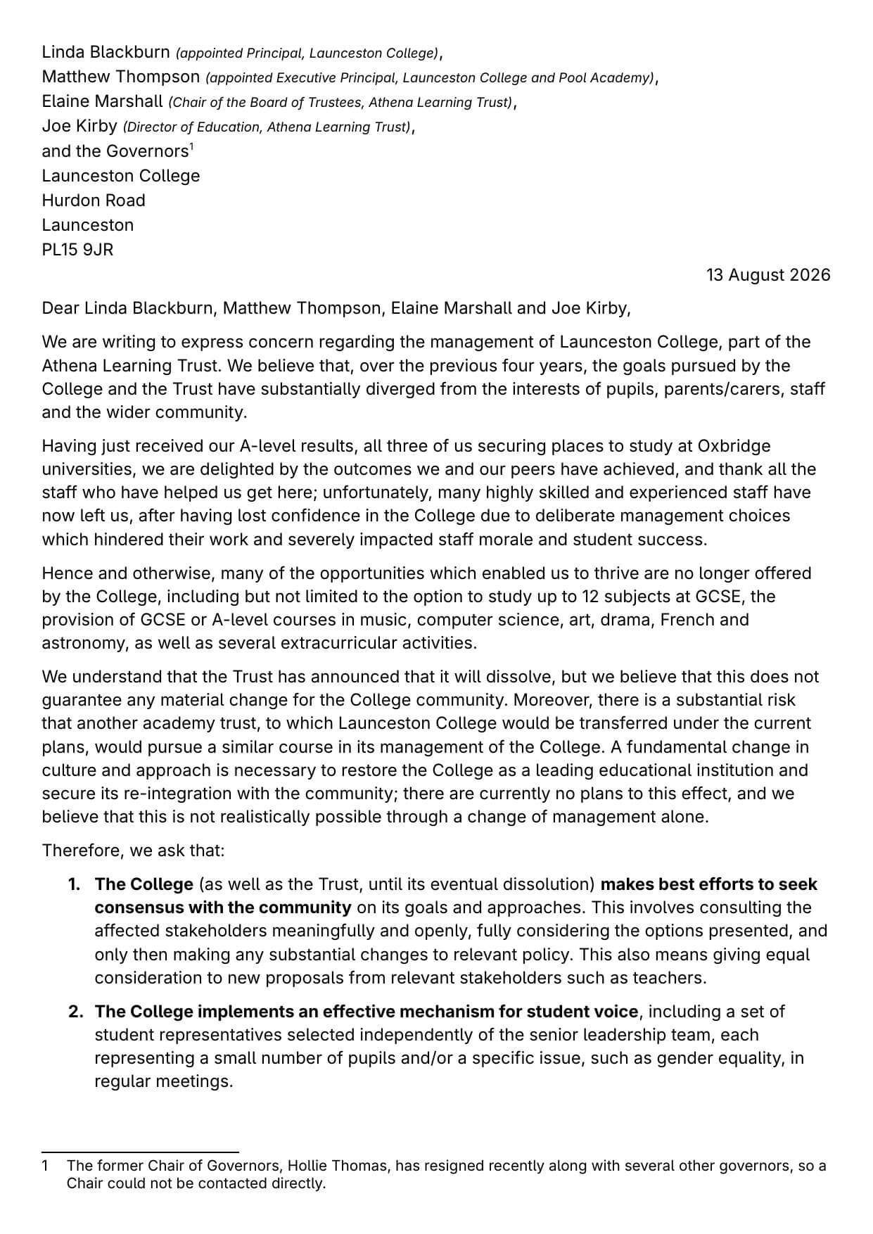 Page one of the open letter from three Launceston College leavers, dated 13 August 2026