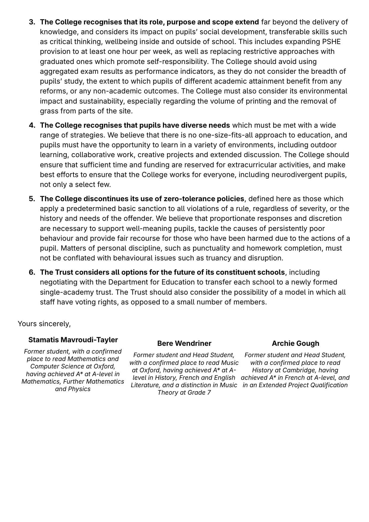 Page two of the open letter, listing the remaining requests and the three signatories