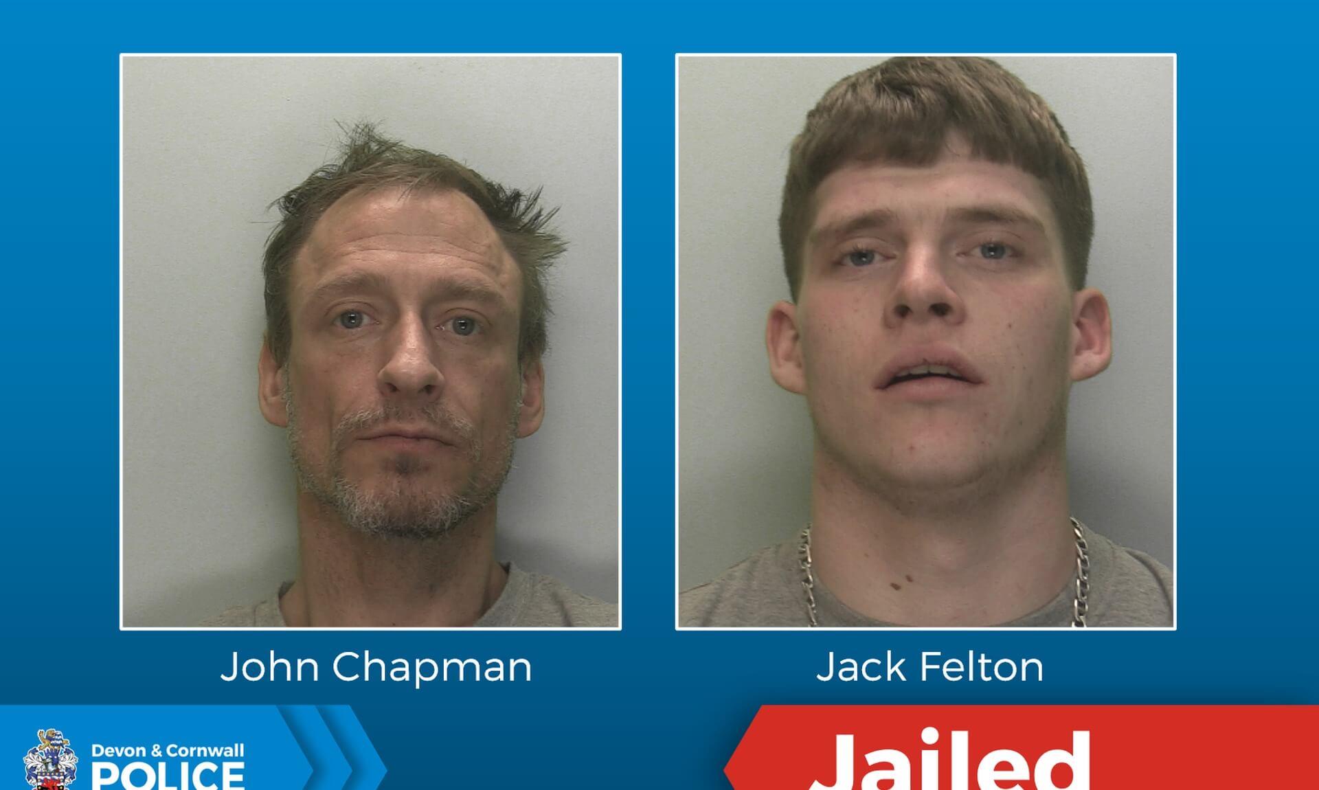 Devon and Cornwall Police custody images of John Chapman and Jack Felton with a Jailed banner