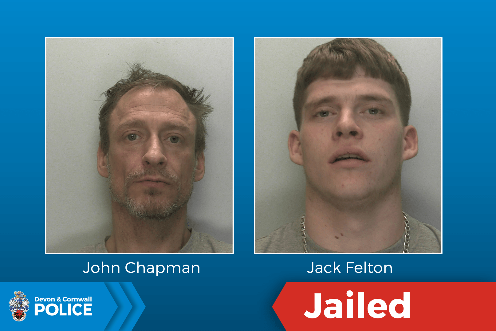 Devon and Cornwall Police custody images of John Chapman and Jack Felton beside a red Jailed banner
