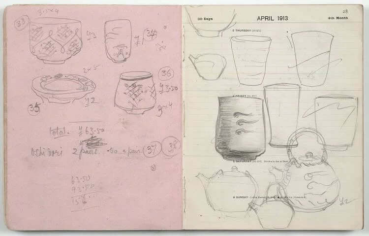 An old sketchbook open at pencil drawings of pots, jugs and a teapot dated April 1913