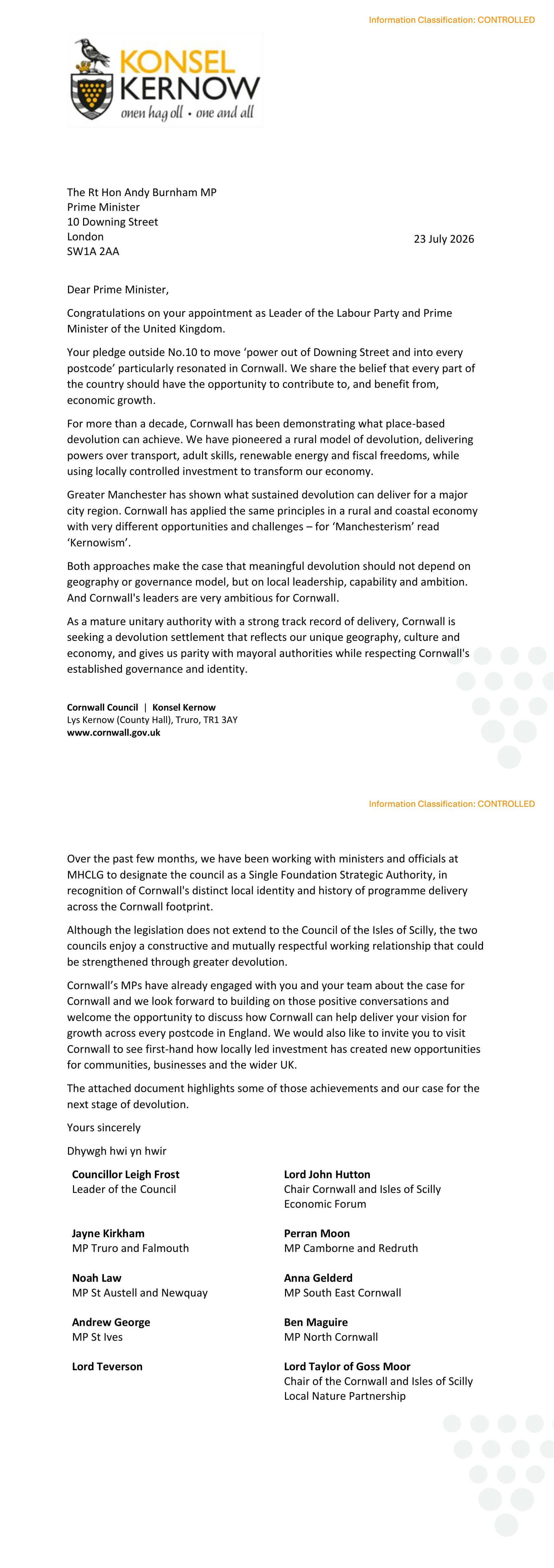 Letter from Cornwall Council leader Leigh Frost and co-signatories to Prime Minister Andy Burnham, dated 23 July 2026