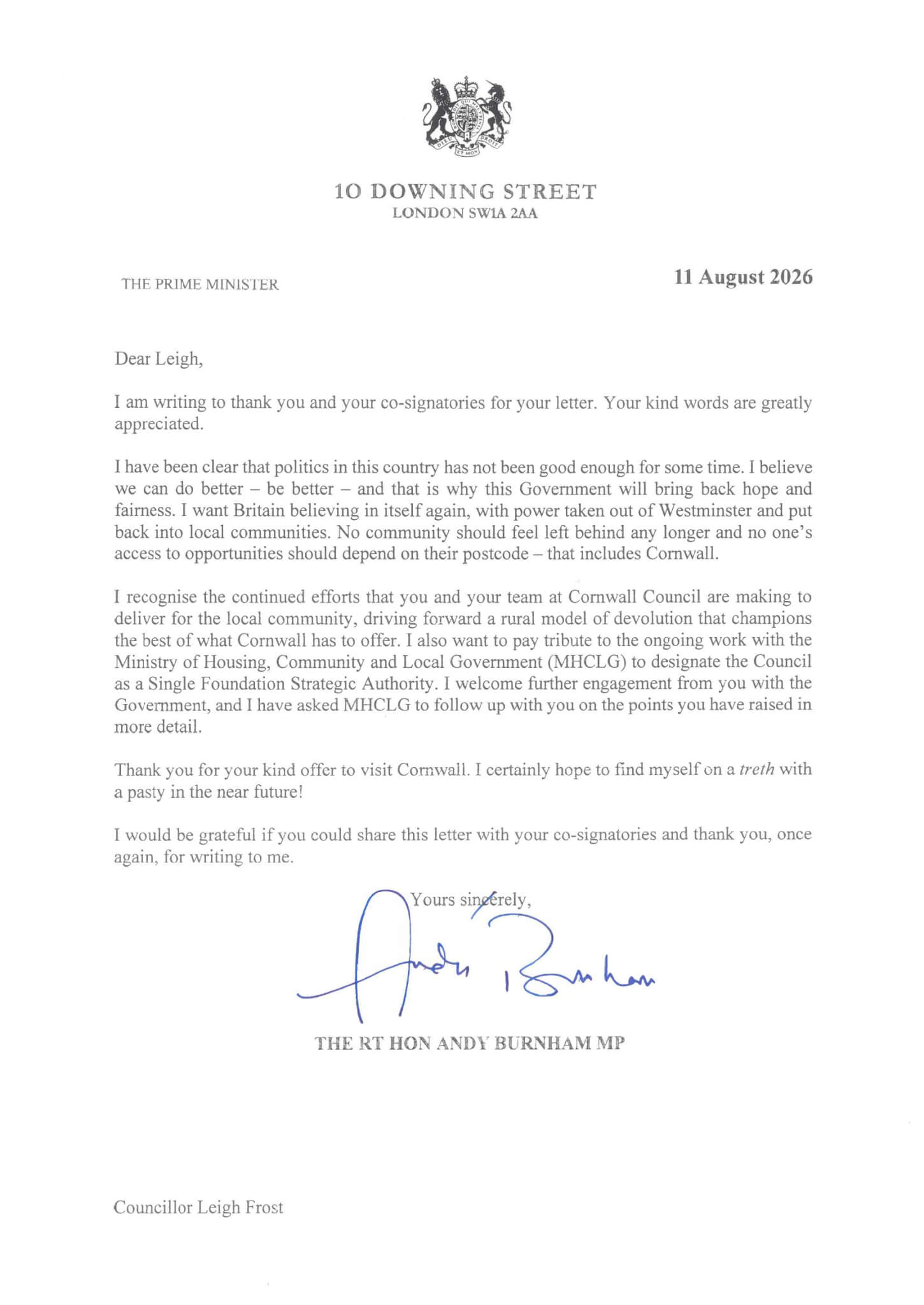 Letter from Prime Minister Andy Burnham to Cornwall Council leader Leigh Frost, dated 11 August 2026