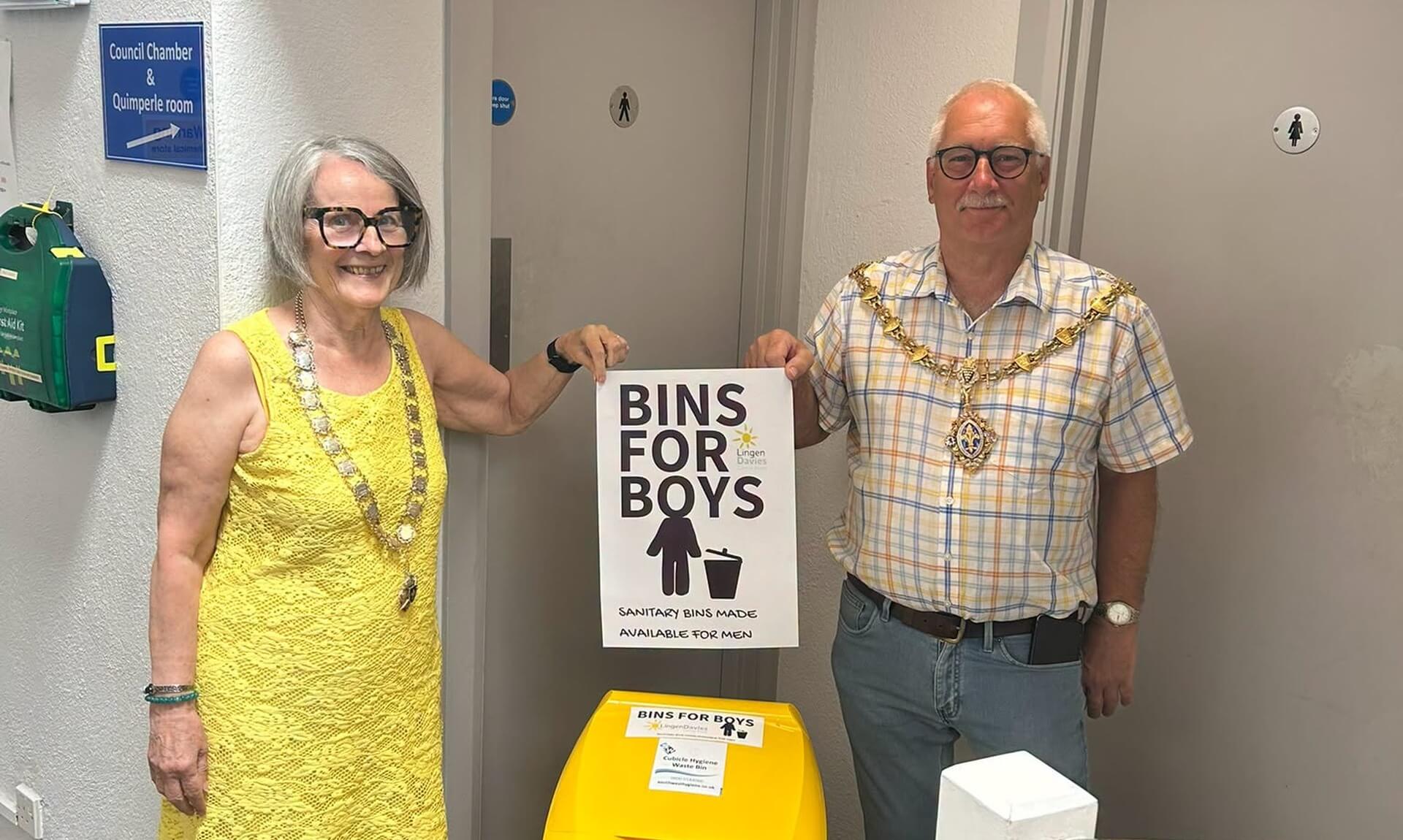 Mayor David Braithwaite and Deputy Mayor Sylvia Berry with the new Bins for Boys bin at Liskeard Public Hall