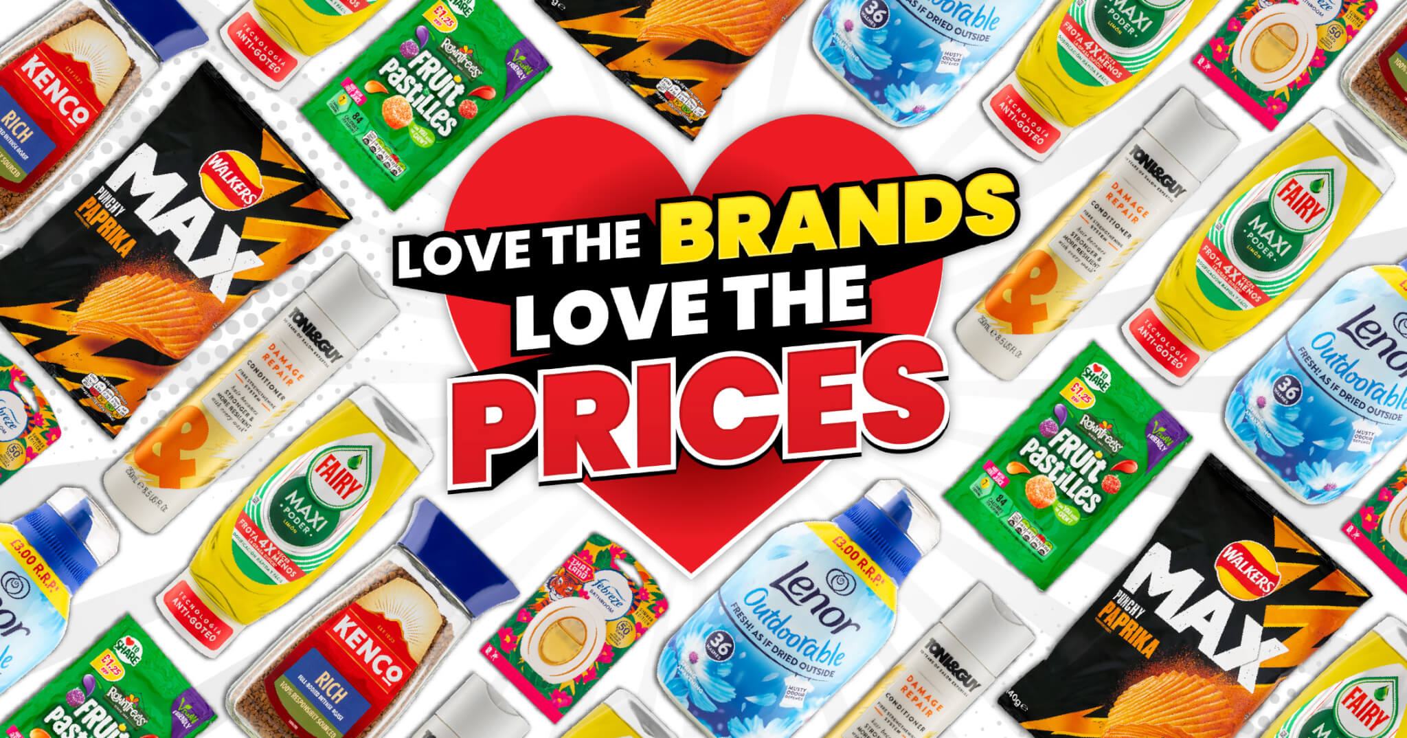 Love the Brands Love the Prices campaign graphic with branded products