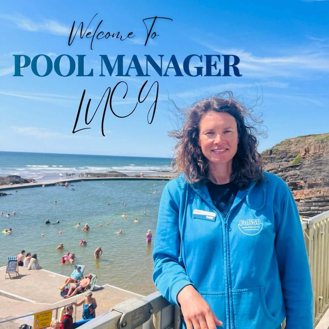 Welcome graphic for Lucy, the new Pool Manager at Bude Sea Pool, standing above the tidal pool