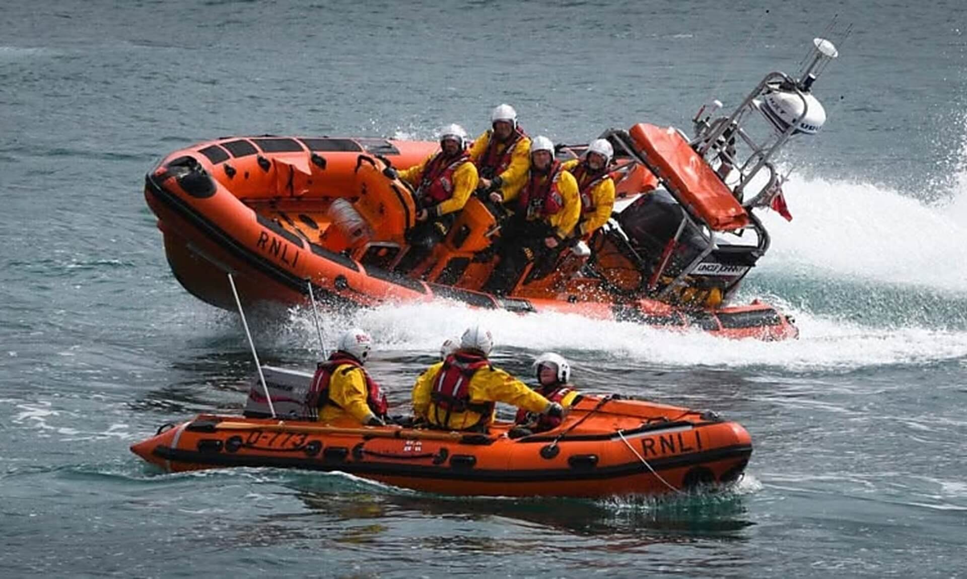 Newquay RNLI Atlantic 85 and D Class lifeboats crewed on the water