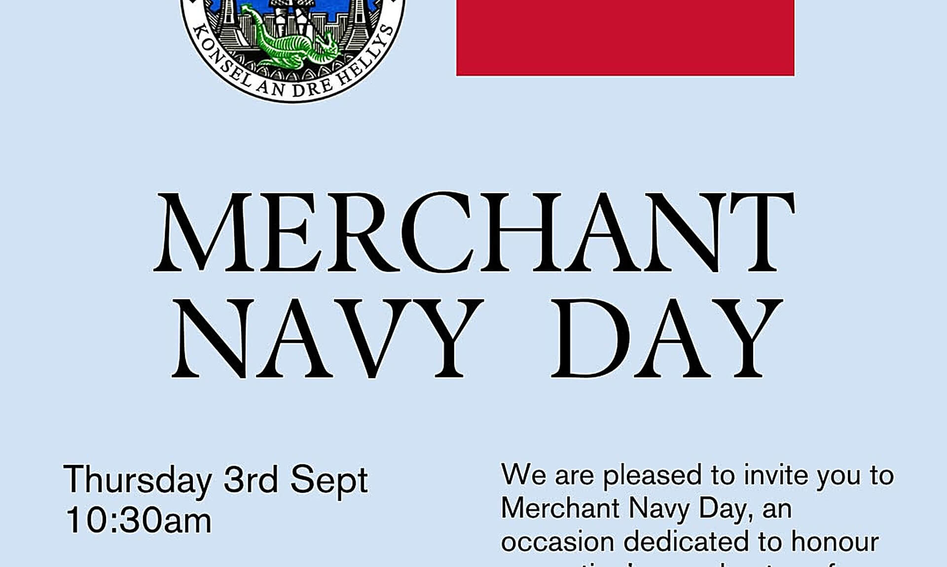 Helston Town Council Merchant Navy Day poster with Red Ensign flag