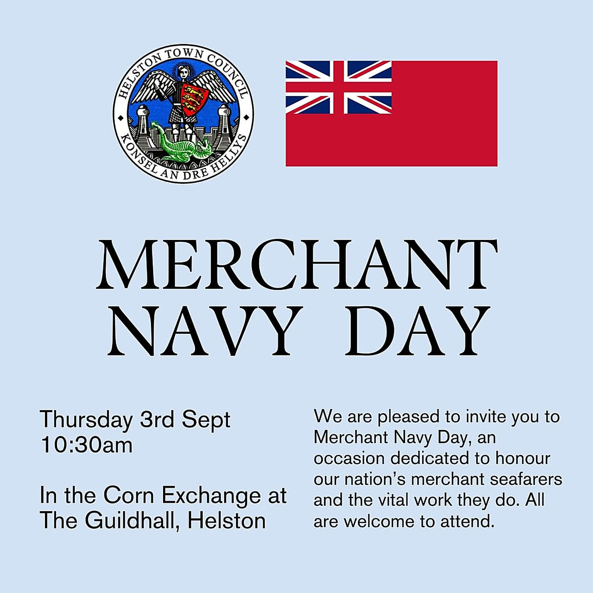 Helston Town Council Merchant Navy Day poster with Red Ensign flag