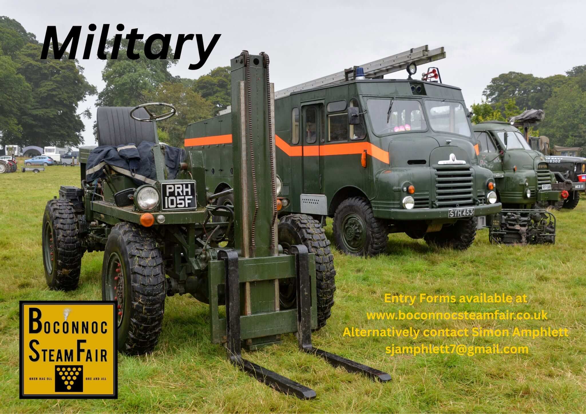 Ex-military vehicles including a forklift and fire appliance at Boconnoc Steam Fair