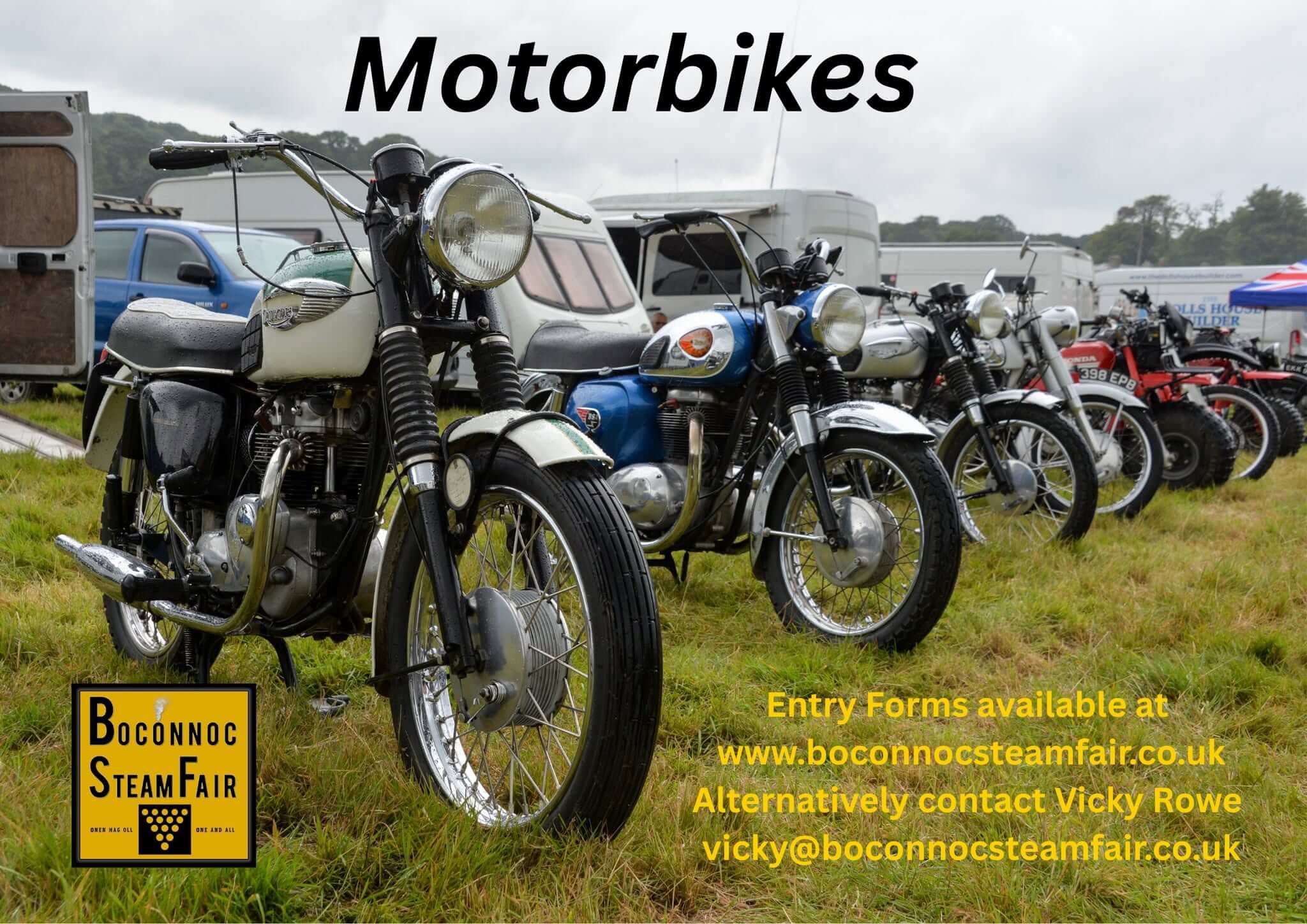 A row of classic British motorcycles at Boconnoc Steam Fair