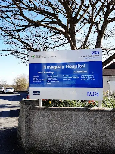 Newquay Hospital sign listing services including the Minor Injury Unit