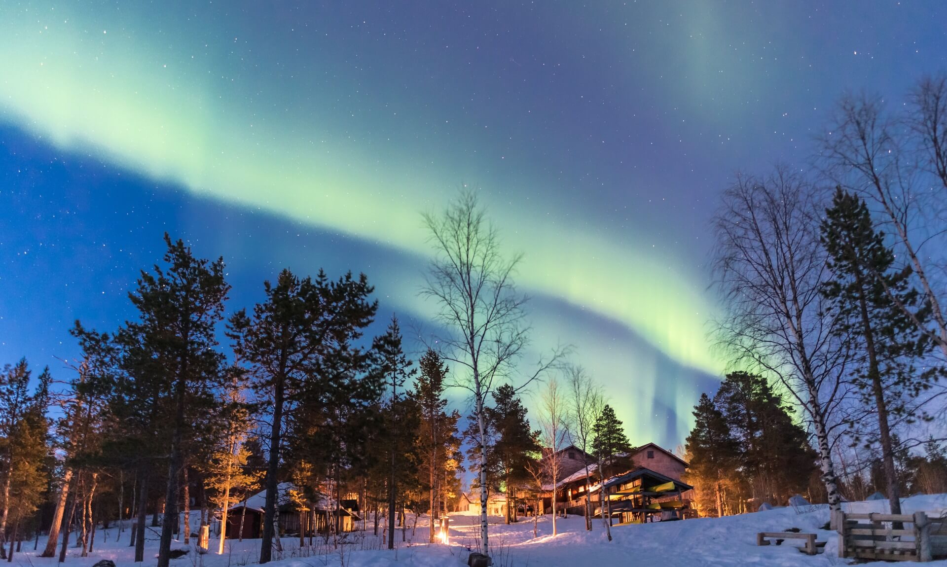 The northern lights over snow-covered cabins and trees in Lapland at night
