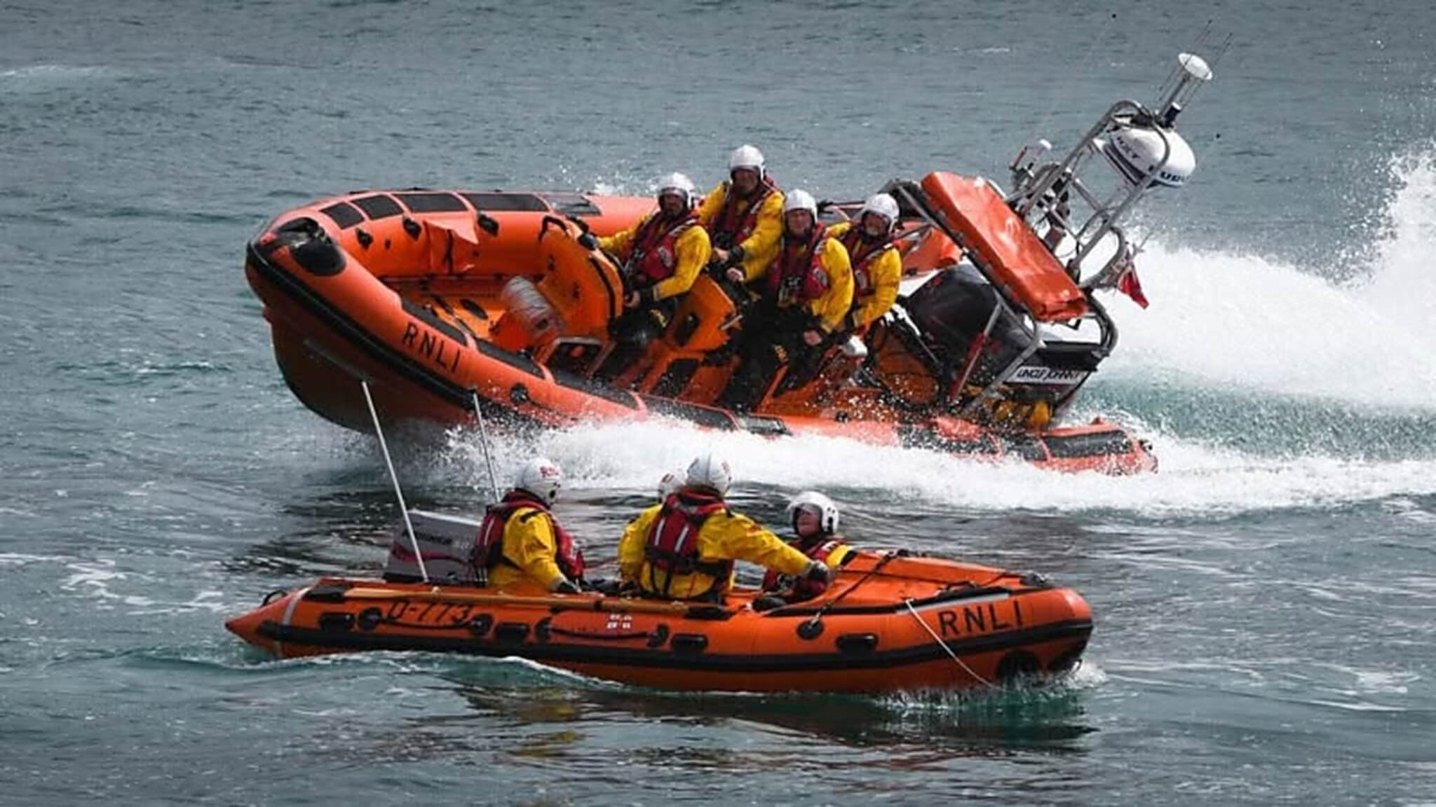 Newquay RNLI Atlantic 85 and D Class lifeboats crewed on the water
