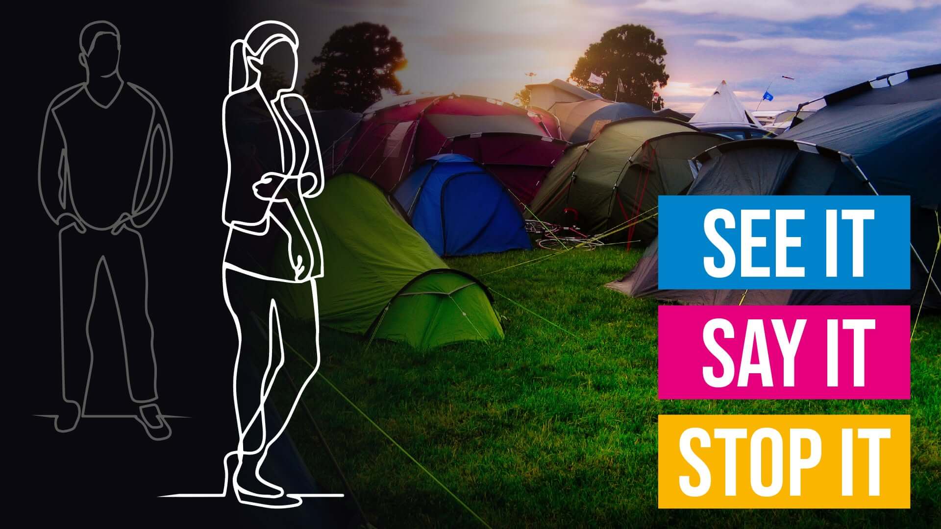See It, Say It, Stop It campaign graphic over a Boardmasters campsite full of tents