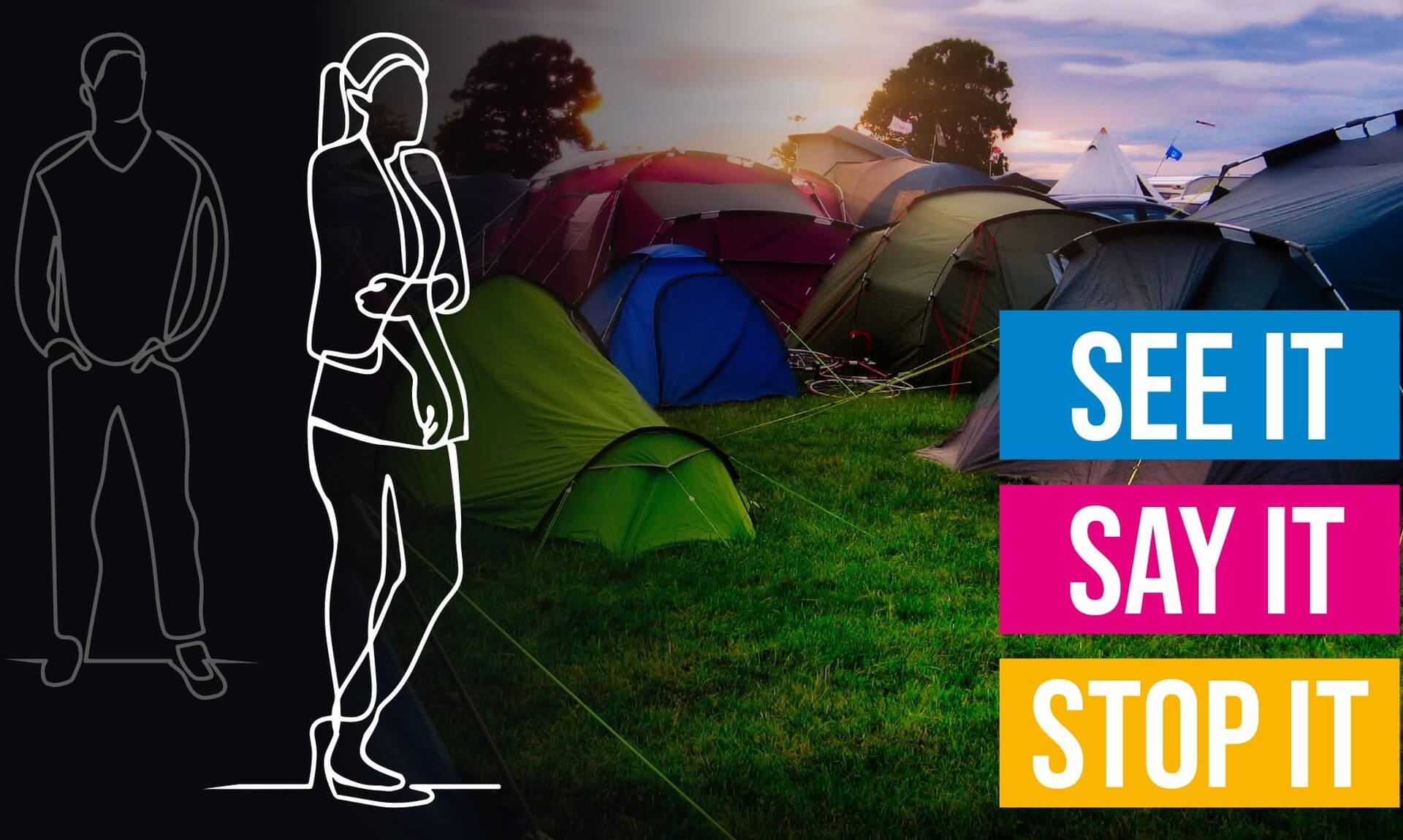 See It, Say It, Stop It campaign graphic over a Boardmasters campsite full of tents