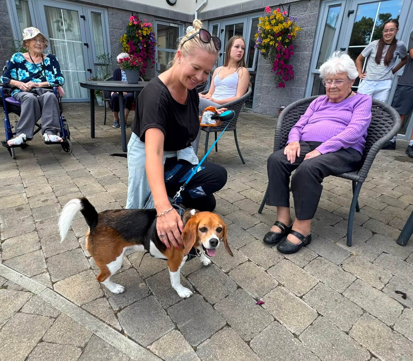 A dog being stroked by a resident and volunteer in the garden at Falmouth Court Care Home