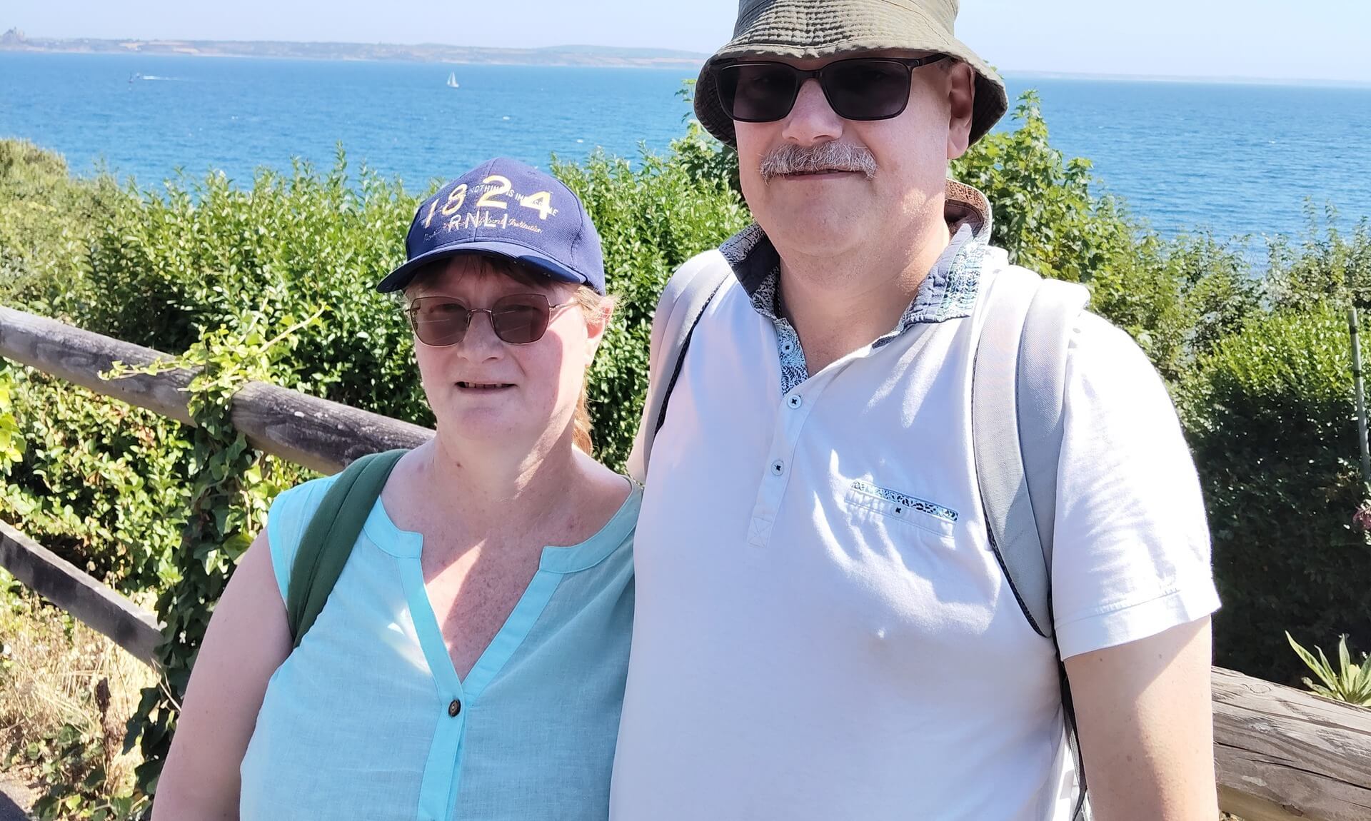 Visitors Alistair and Diane Burton at Penlee Point during the open day, the sea behind them