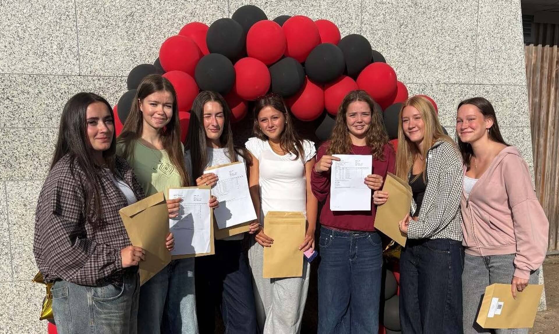 Penryn College students celebrating GCSE results with balloons