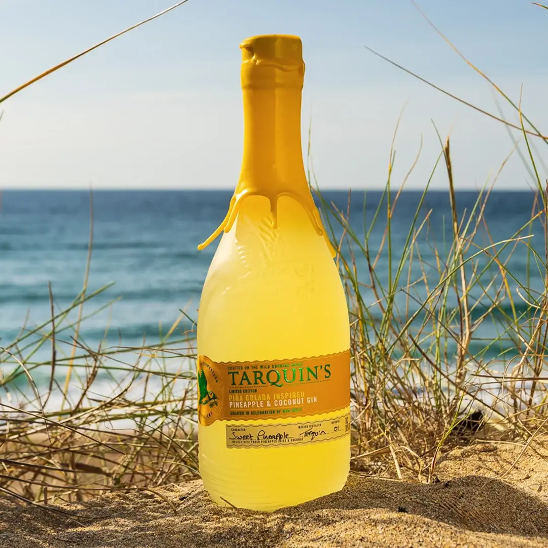 Tarquin's Piña Colada gin bottle in the dunes above the sea