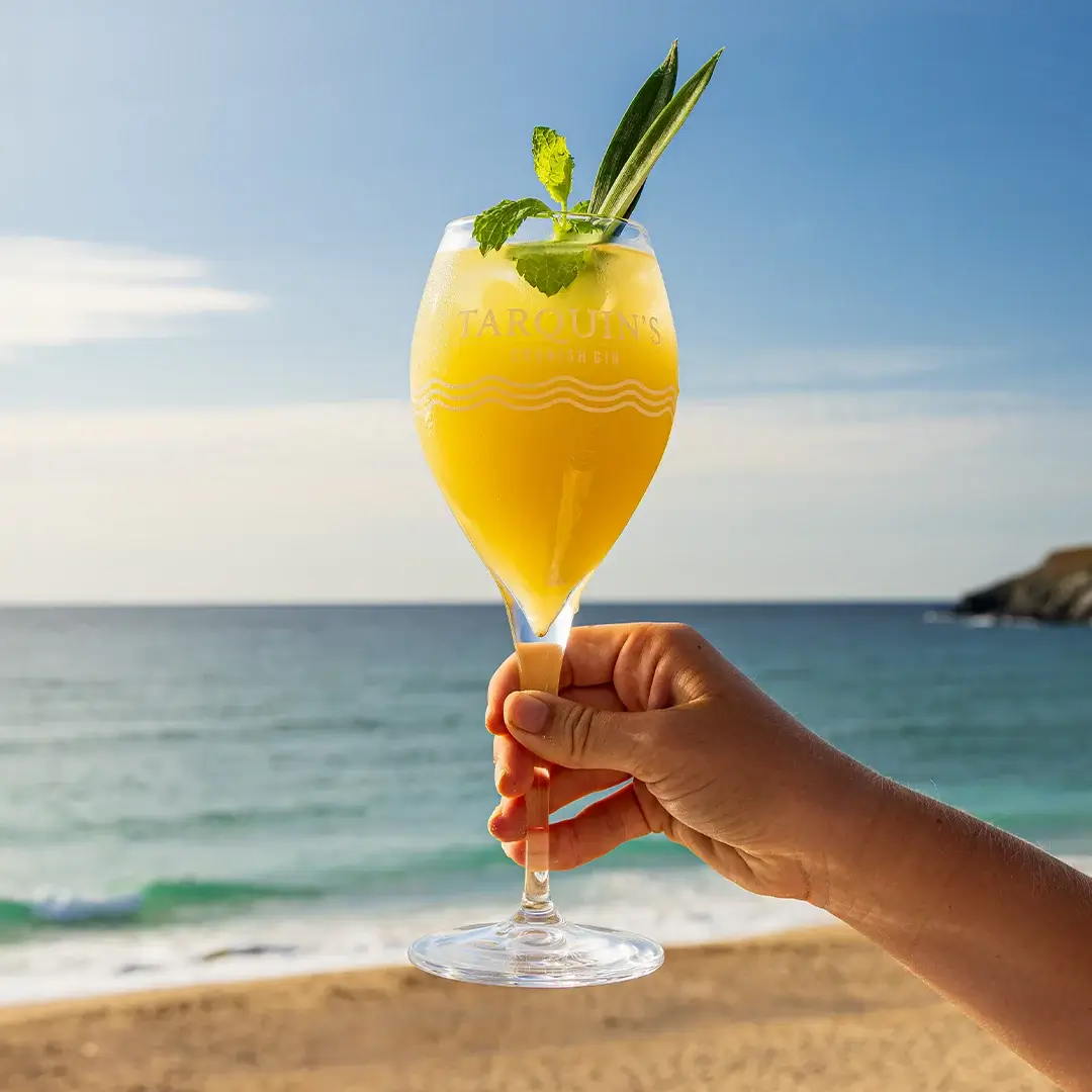 A hand holding a Tarquin's cocktail glass on the beach