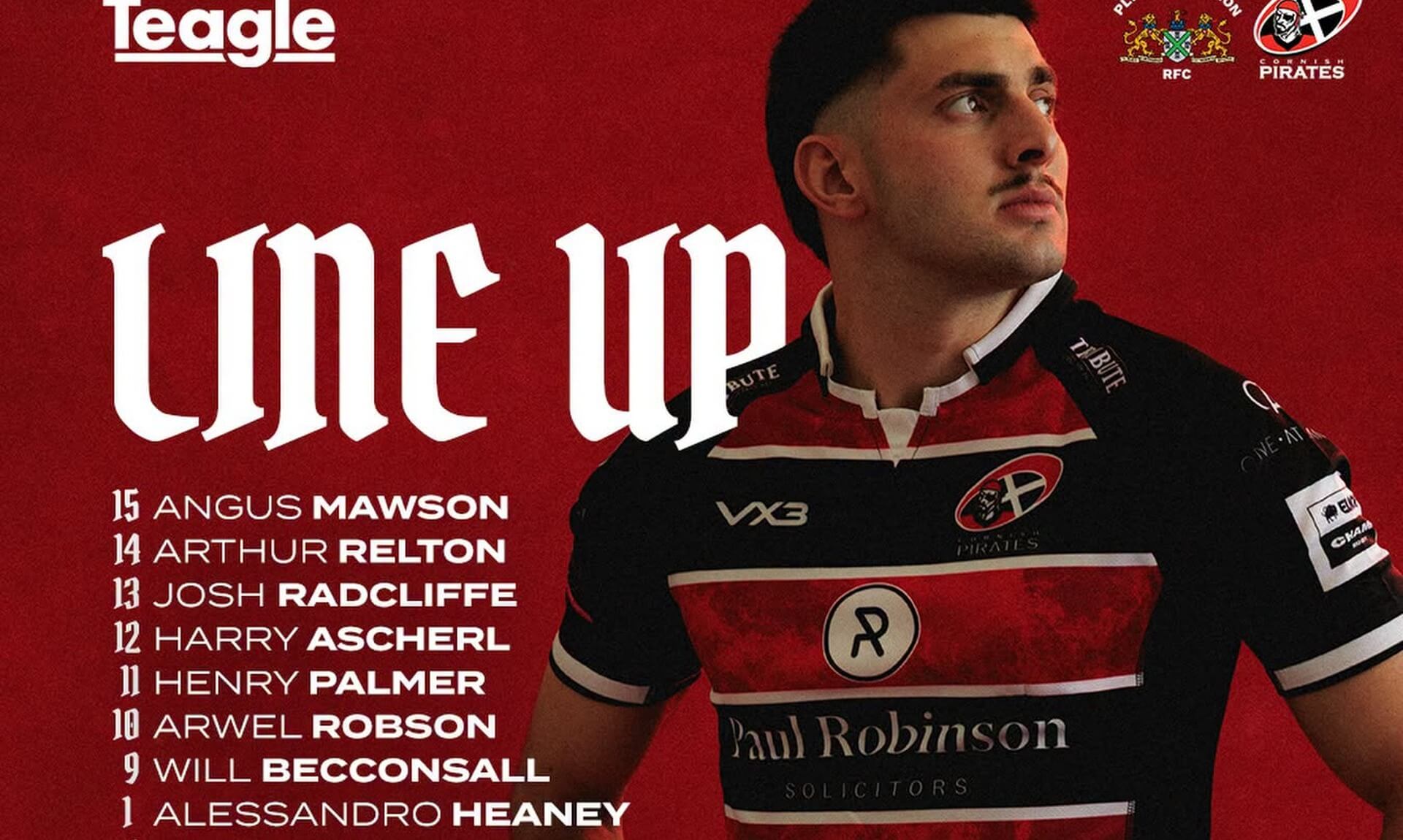 Cornish Pirates line-up graphic ahead of the Plymouth Albion match