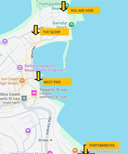 Map of St Ives marking the nearest alternative public toilets to Porthgwidden, including The Sloop, West Pier and Porthminster