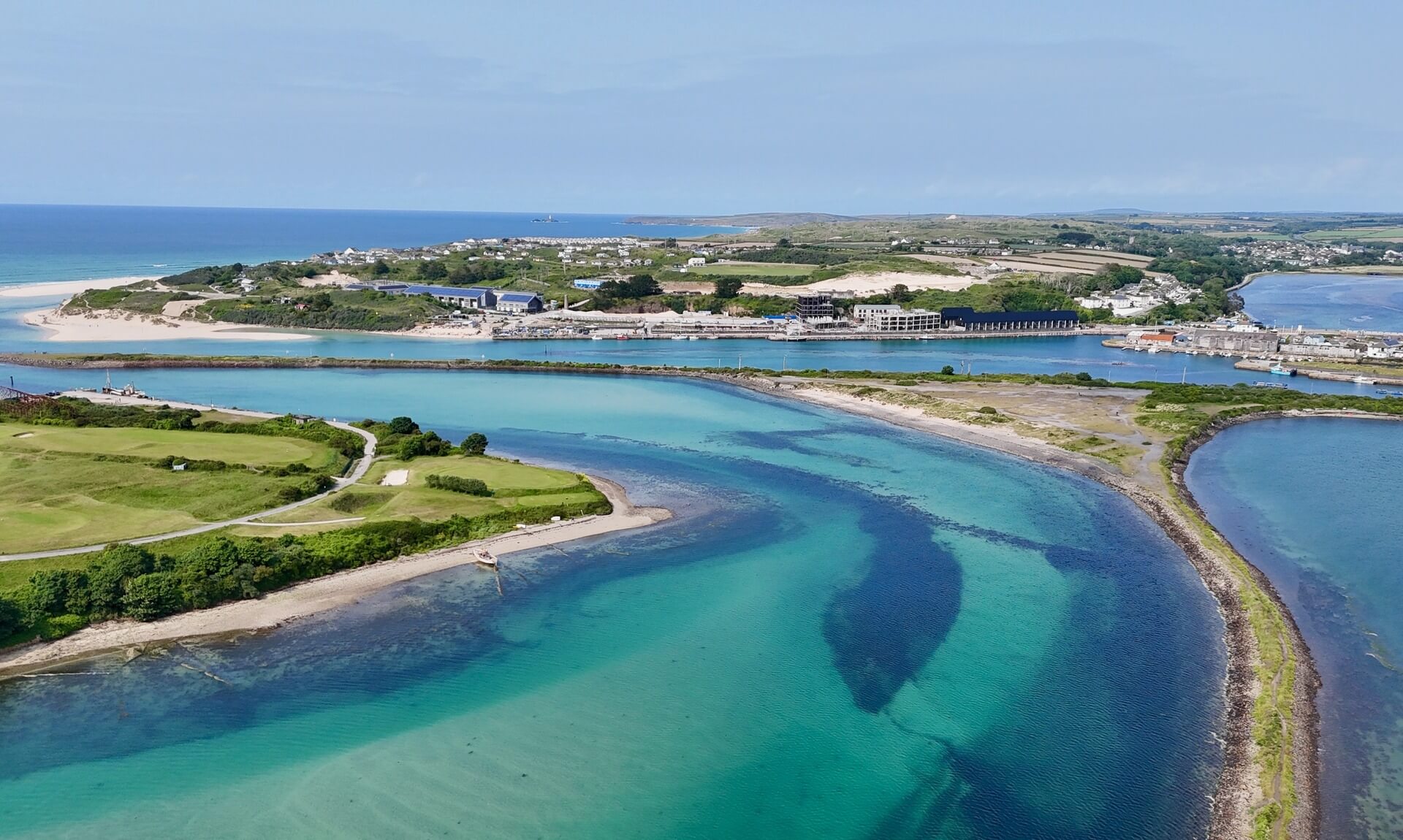 Aerial view of Hayle estuary, harbour and towans in Cornwall