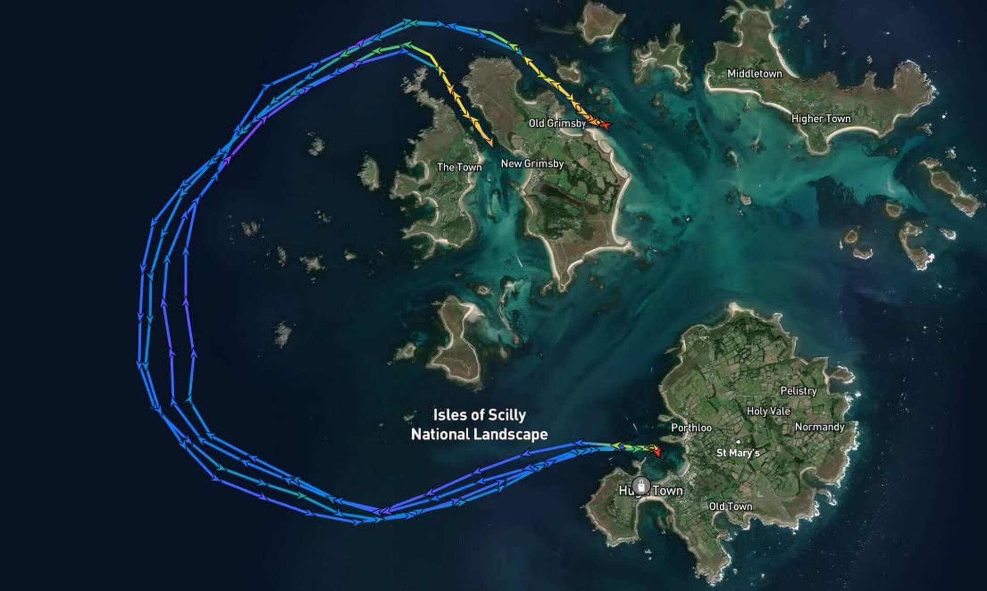 Satellite map of the Isles of Scilly showing the St Mary's lifeboat's tracks around Bryher to Tresco