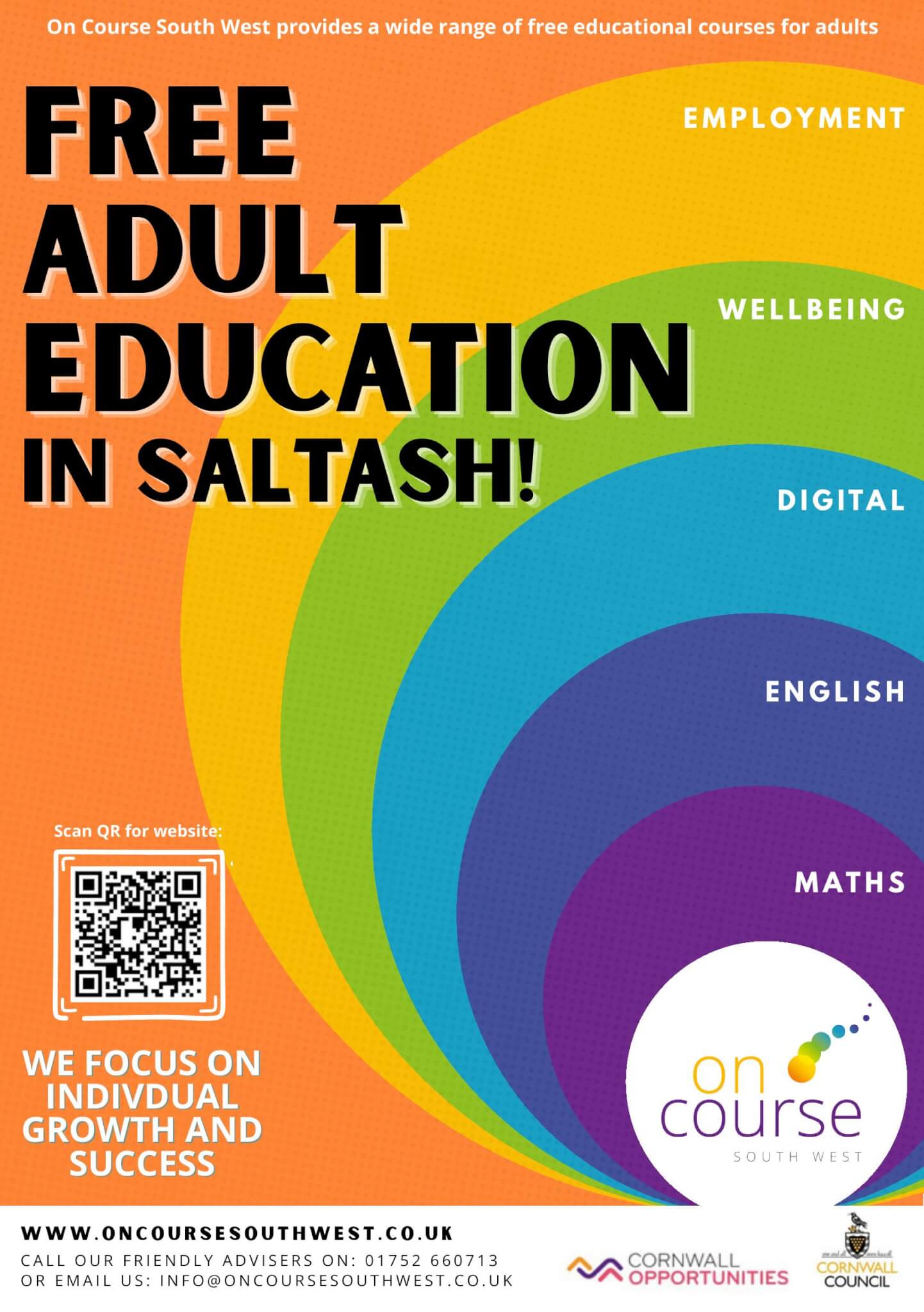 On Course South West free adult education poster showing course categories