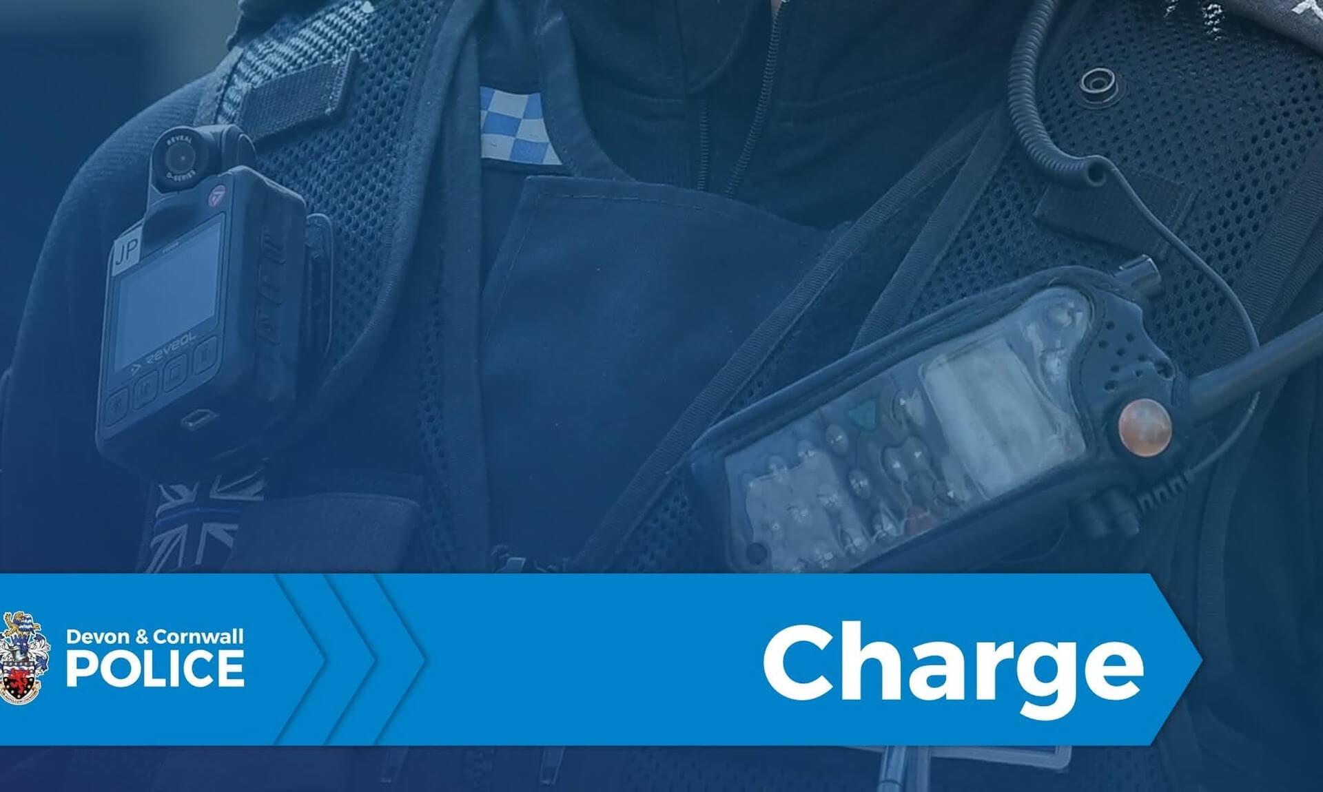 Devon and Cornwall Police charge graphic showing a police officer's body-worn camera and radio