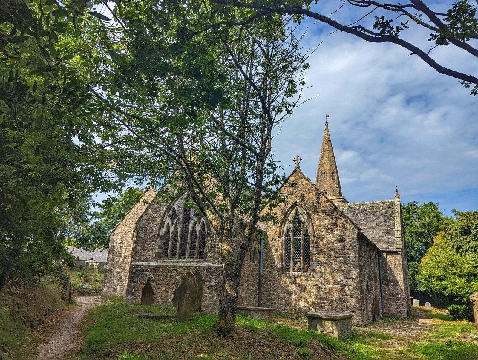St Hilary church, Cornwall, seen from the churchyard path