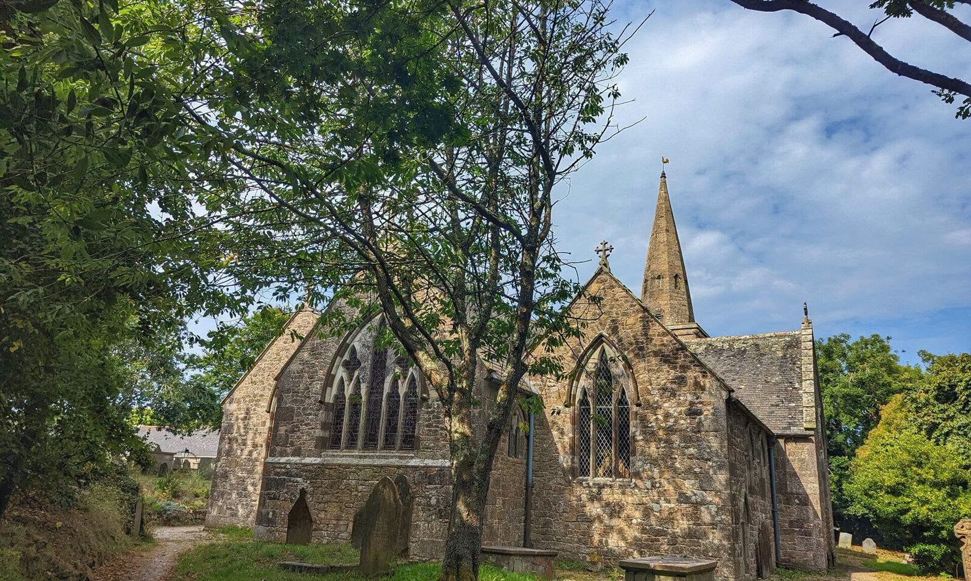 St Hilary church, Cornwall, seen from the churchyard path