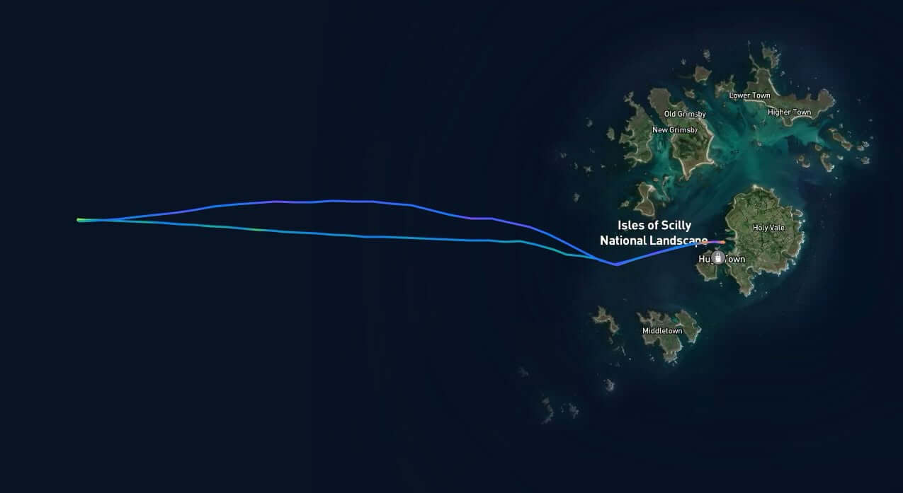 Vessel tracking chart showing St Mary's lifeboat's route west towards the Isles of Scilly