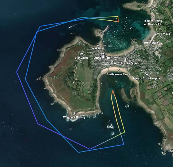 AIS track map showing St Mary's lifeboat's route into Porthcressa Bay, Isles of Scilly
